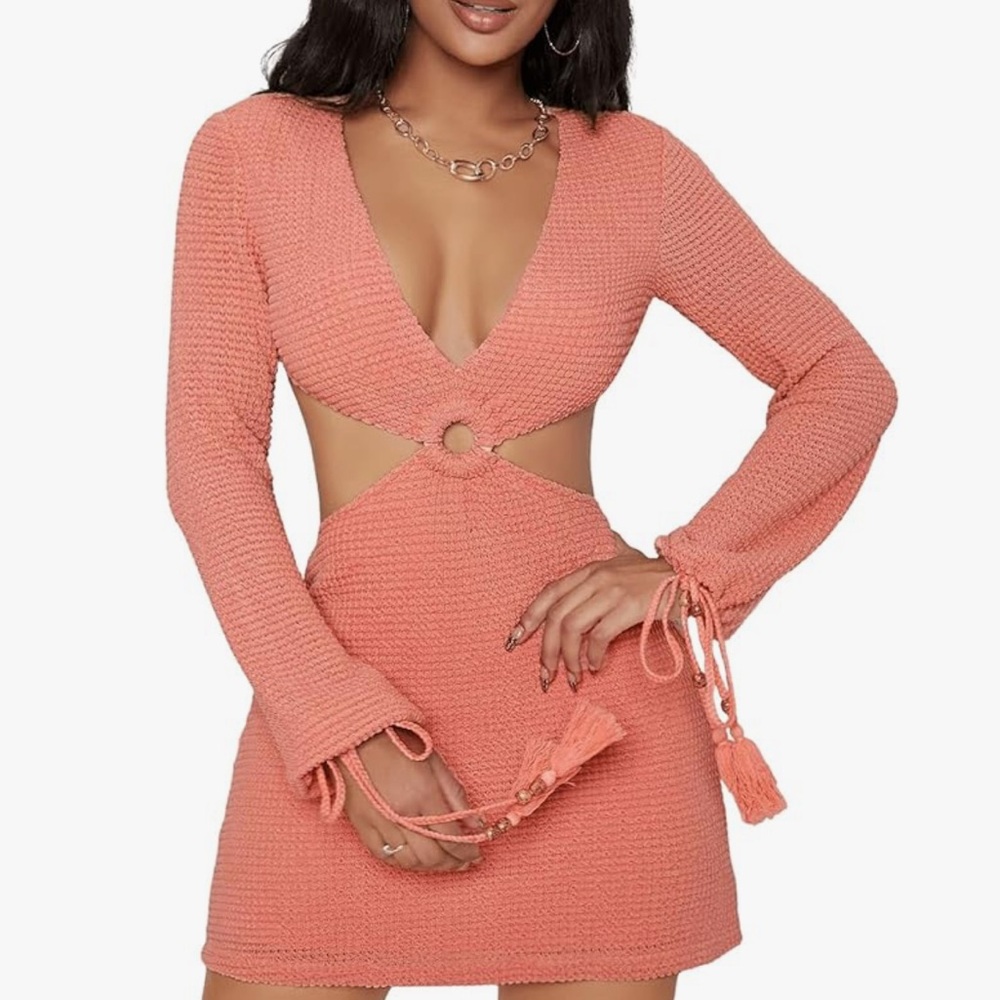 SweatyRocks Women's Long Sleeve Drawstring Cutout Ring Mini Dress Size Small